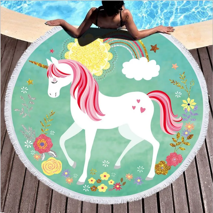 Cartoon unicorn kids Round Blanket Beach Towel Boho With Tassels Thick Terry ClothPicnic Yoga Mat travel