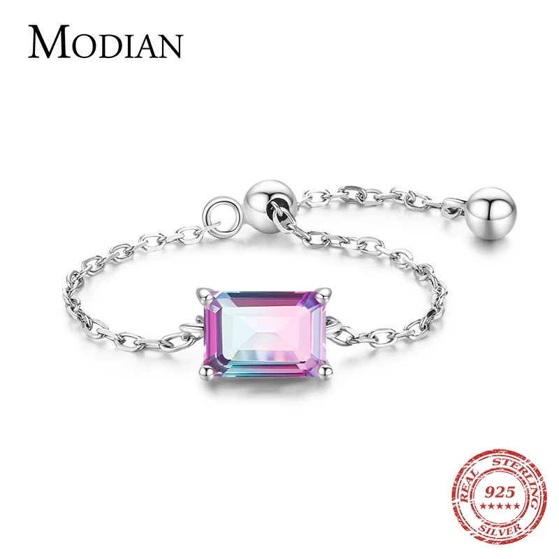 

Modian Authentic 925 Sterling Silver Dazzling Emerald Cut Watermelon Tourmaline Adjustable Link Finger Rings For Women Jewelry