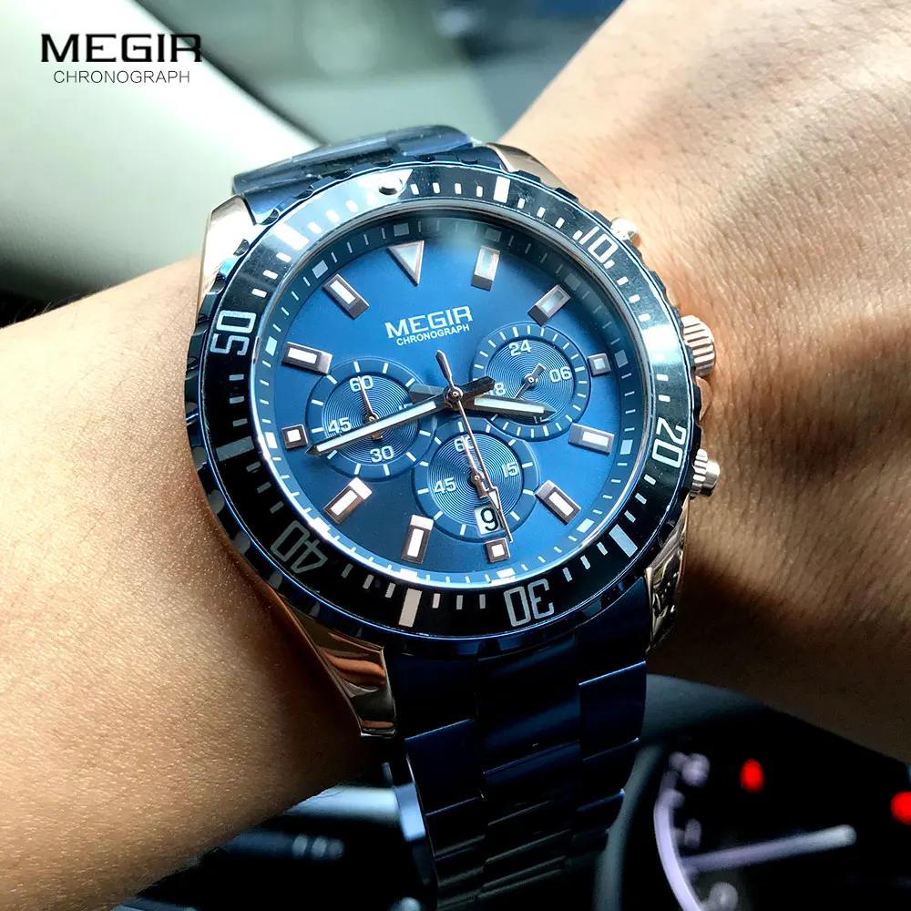 MEGIR Stainless Steel Strap Quartz Watch for Men Chronograph Blue Watches man Luminous Hand Wristwatch часы мужские montre homme