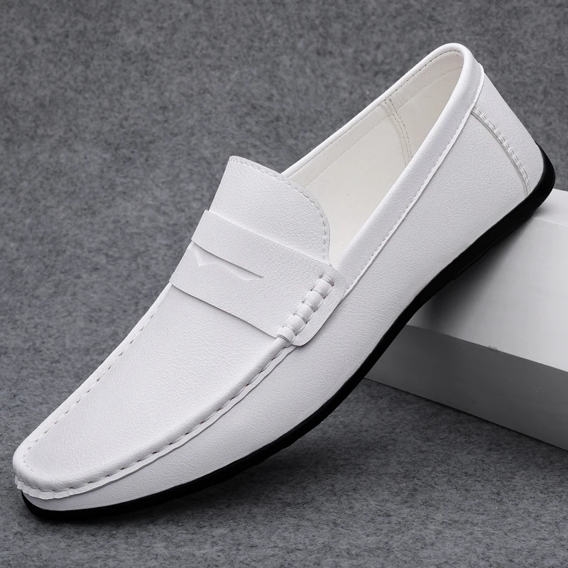 Primavera otoño mocasines de cuero informales para Hombre mocasines zapatos Mocasines Hombre Mocassini blanco negro Slip-On talla grande Dropshipping