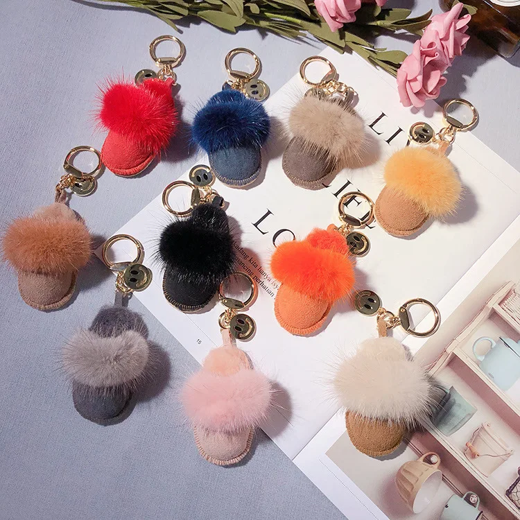 Luxury handmade mink slippers keychain simulation shoes bag pendant key chain immortal flower accessories pendant Llaveros