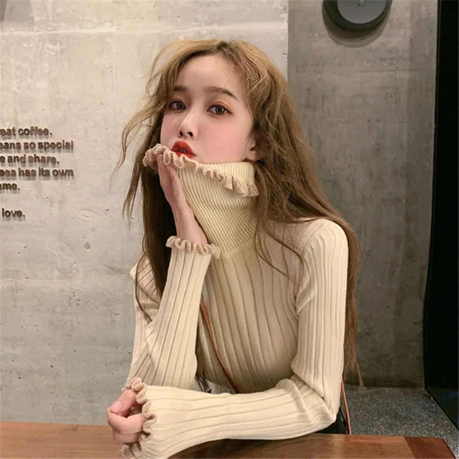 Turtleneck Ruched Women Sweater High Elastic Solid 2021 Fall Winter Fashion Sweater Women Slim Sexy Knitted Pullovers Pink White