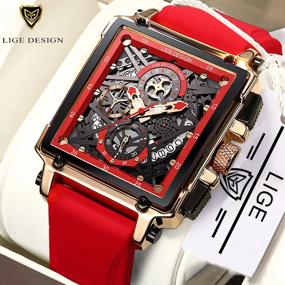 LIGE New Red Silicone Mens Watches Top Brand Luxury Watch Men Sport Chronograph Clock Fashion Automatic Date Wrist Watch Man+Box