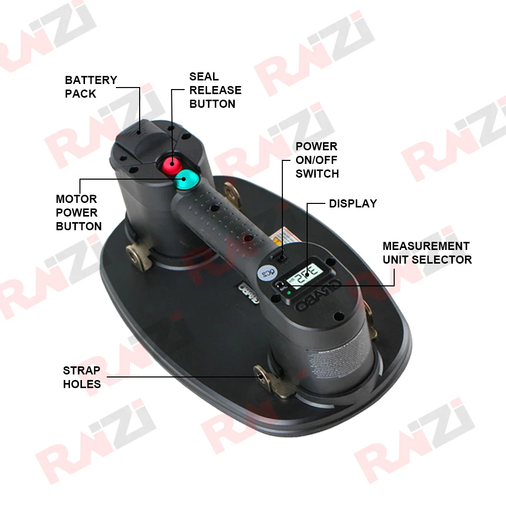 Imagem -06 - Raizi Grabo Pro Versão Elétrica Ventosa a Vácuo com Bateria para Madeira Drywall Granito Telha de Vidro Laje Levantamento Levar Ferramenta