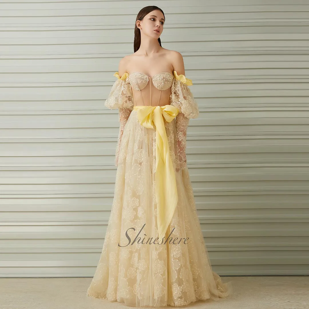 

Jusere evening dress elegant party dress with long sleeves off the shoulder evening gown with sweep train