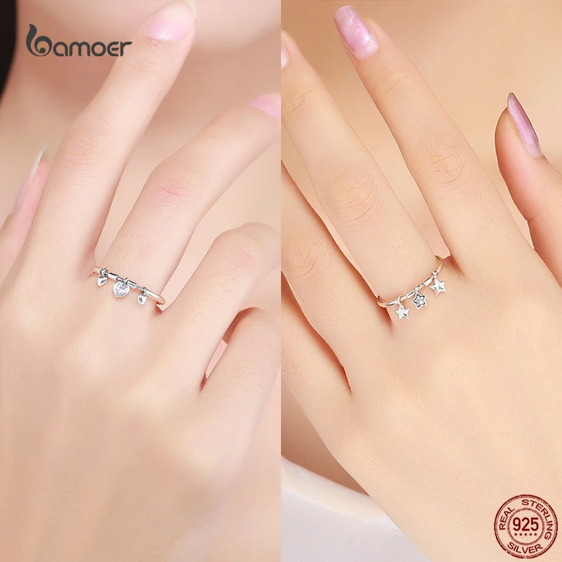 Bamoer Cute Dog Paw Tiny Pendant Ring for Women 925 Sterling Silver Heart Shape Ring Star Ring Fashion Wedding Jewelry GXR215