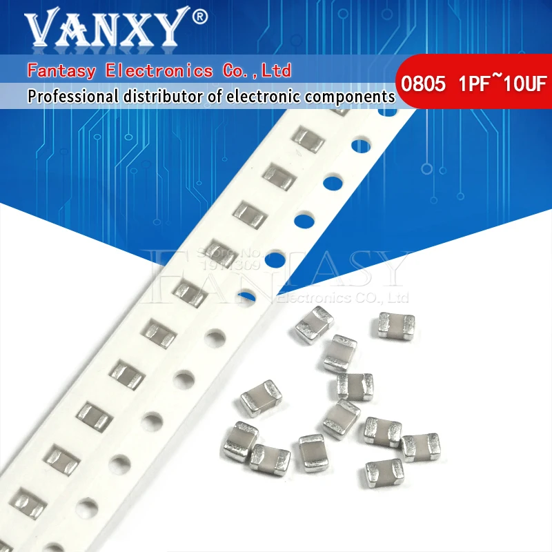 100szt 0805 50V SMD Grubowarstwowy wielowarstwowy kondensator ceramiczny 1pF-47uF 10NF 100NF 1UF 2.2UF 4.7UF 10UF 1PF 6PF