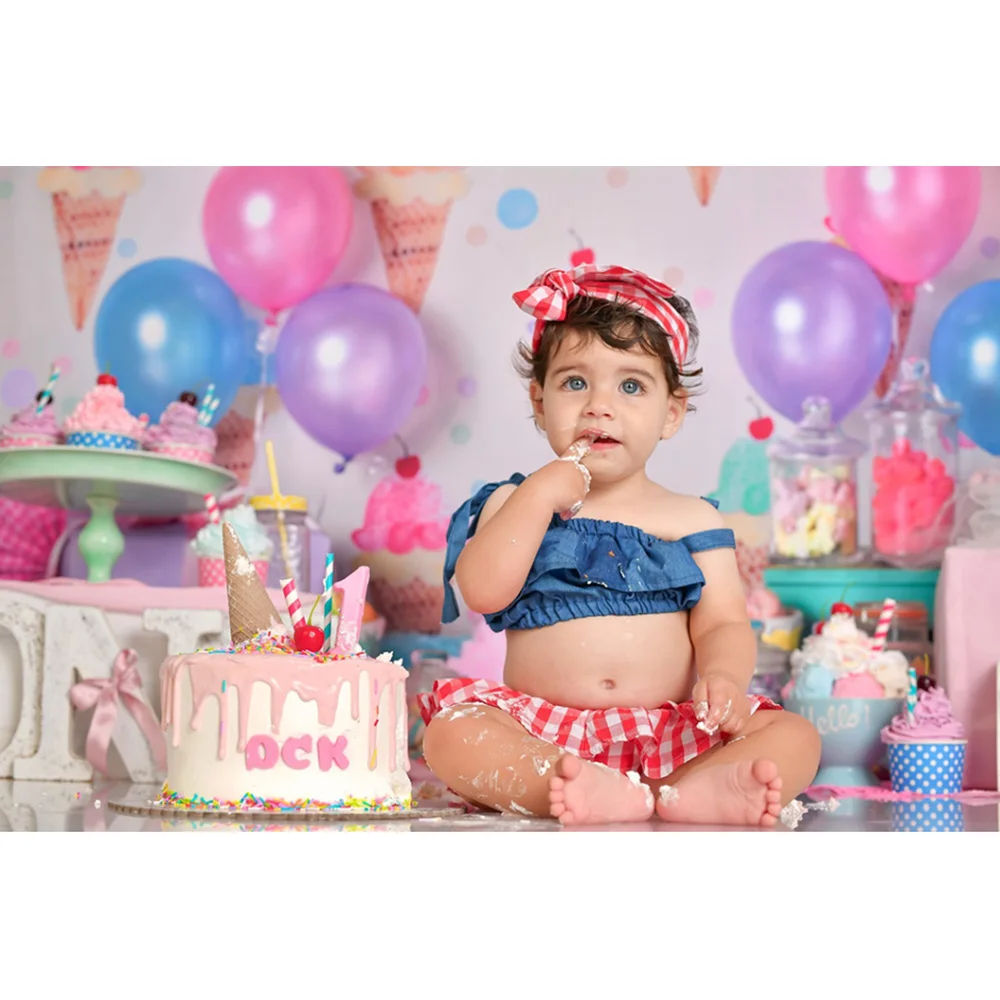 Ice Cream Sweet Girl Birthday Cake Table Backdrop Balloons Newborn Children Portrait Photography Background for Photo Studio