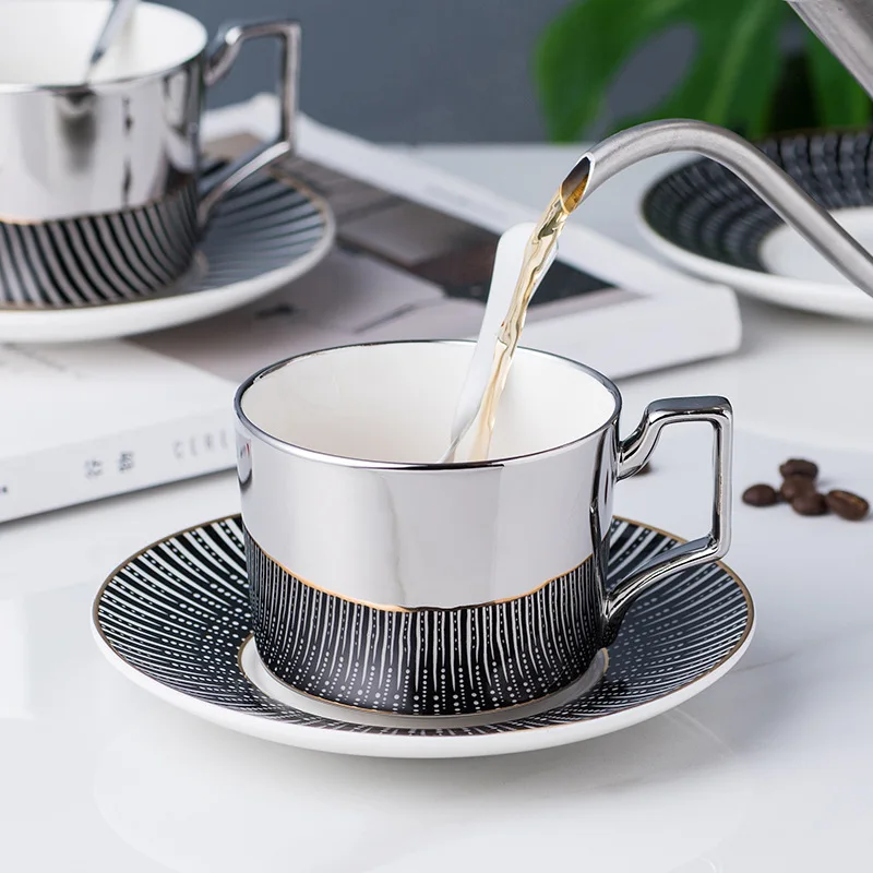 Titanium silver mirror reflection coffee cup with plate logo custom European coffee cup plate afternoon tea cup set