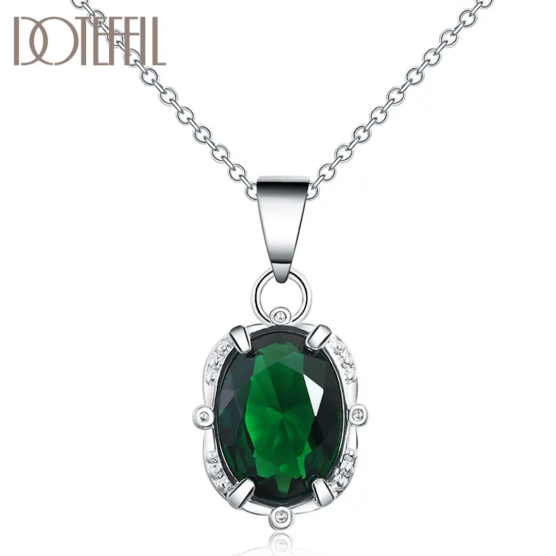 DOTEFFIL 925 Sterling Silver 16-30 Inch Chain Green Zircon AAAA Pendant Necklace For Woman Fashion Wedding Party Charm Jewelry