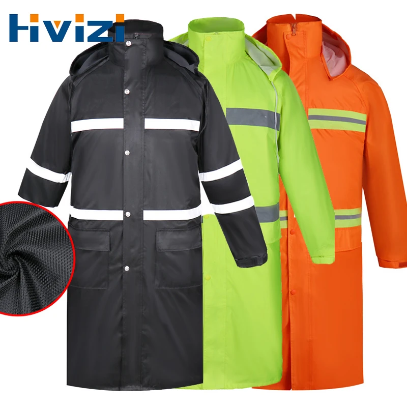 Black Reflective Adult Waterproof Long Raincoat Women Men Rain Coat Hooded For Outdoor Hiking Travel Fishing Climbing Working