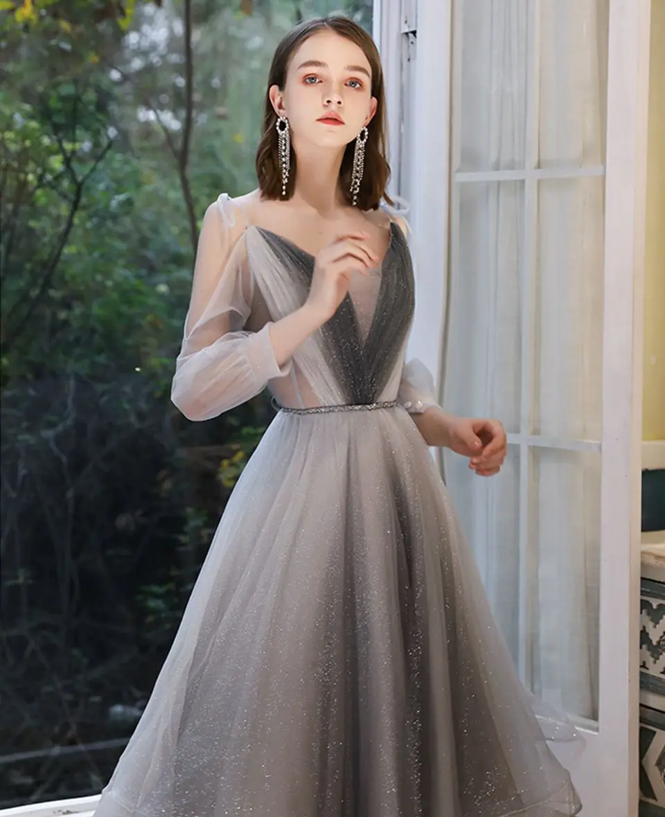 Gray Sequins Prom Dresses Women 2020 Elegant Party Night Long Prom Gowns Illusion 3/4 Quarter Sleeves V Neck A Line Vestidos