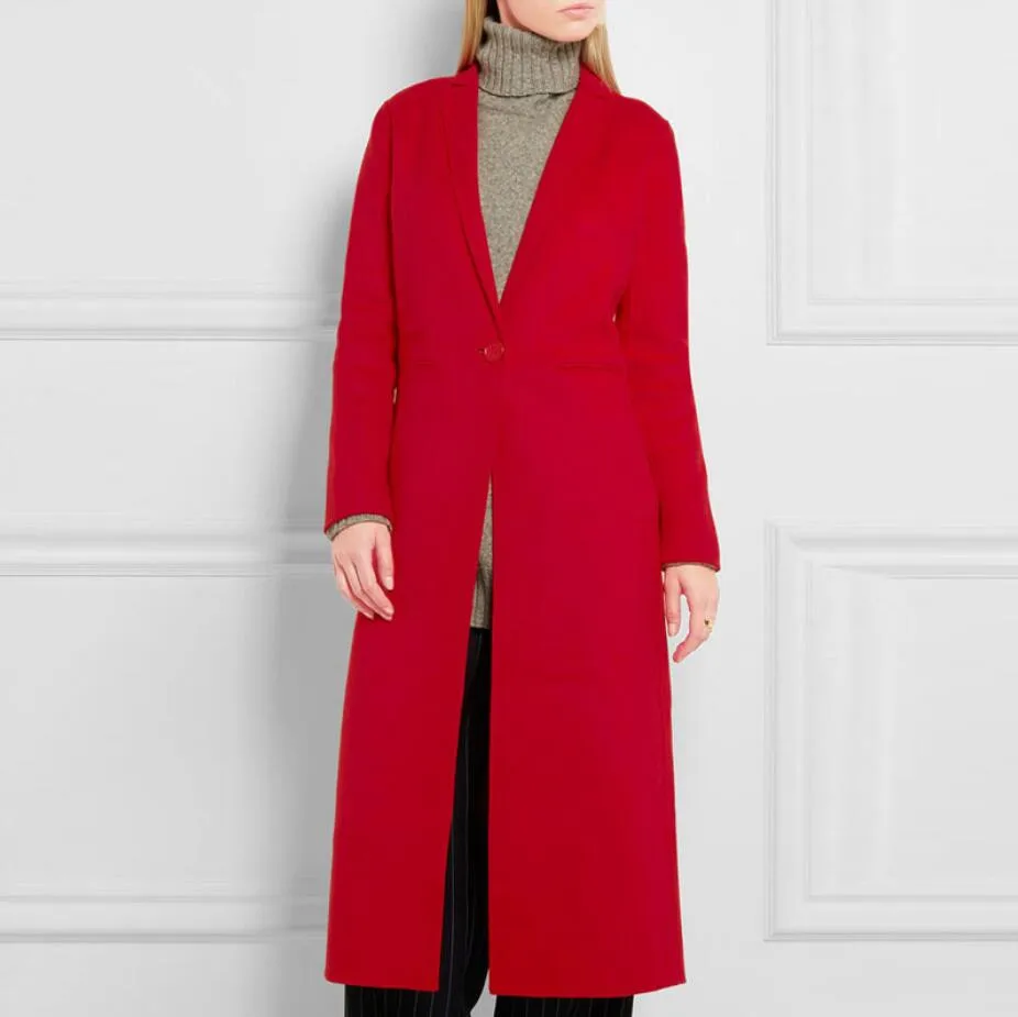 

2019 Autumn Winter Women Red Woolen Coat Simple Maxi Long Classic Slim long sleeve Overcoat abrigos mujer r1720