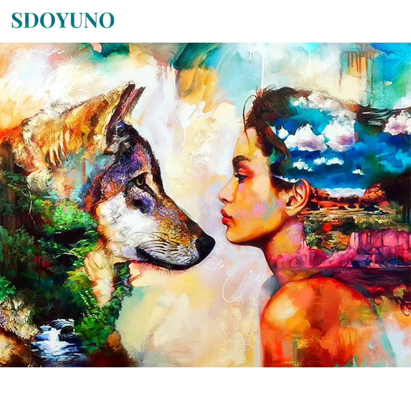 

SDOYUNO 60x75cm DIY Oil Painting By Numbers Wolf and Women Paint By Numbers On Canvas Abstract Figure Frameless Home Decor