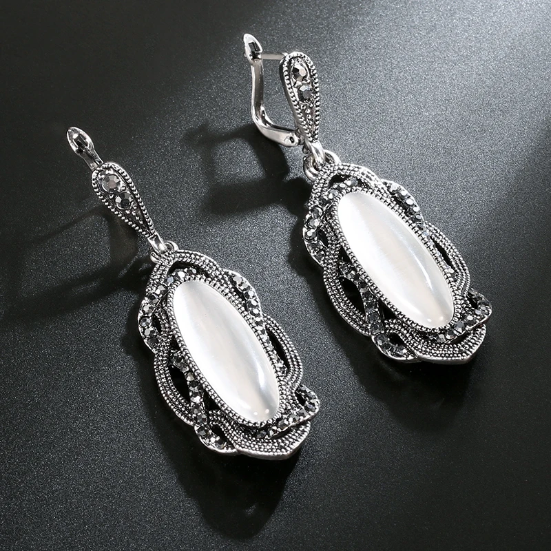 Wbmqda Hot Boho Yellow Stone Earring Ring Sets For Women Tibetan Silver AAA Gray Crystal Big Oval Earring Vintage Jewelry