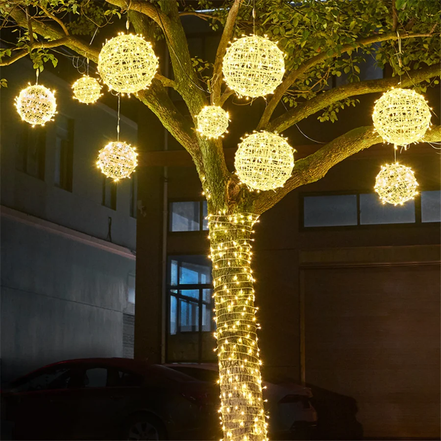 LED 20CM 30CM Outdoor Rattan Ball Fairy Garden String Lights Christmas Trees Hanging Garland Lights For Xmas Party Wedding Decor