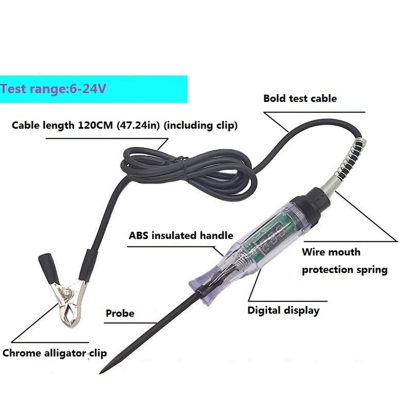 Car Truck Voltage Circuit Tester Digital Display Long Probe Pen Light Bulb Automobile Diagnostic Tools Auto Repair 6V 12V 24V DC