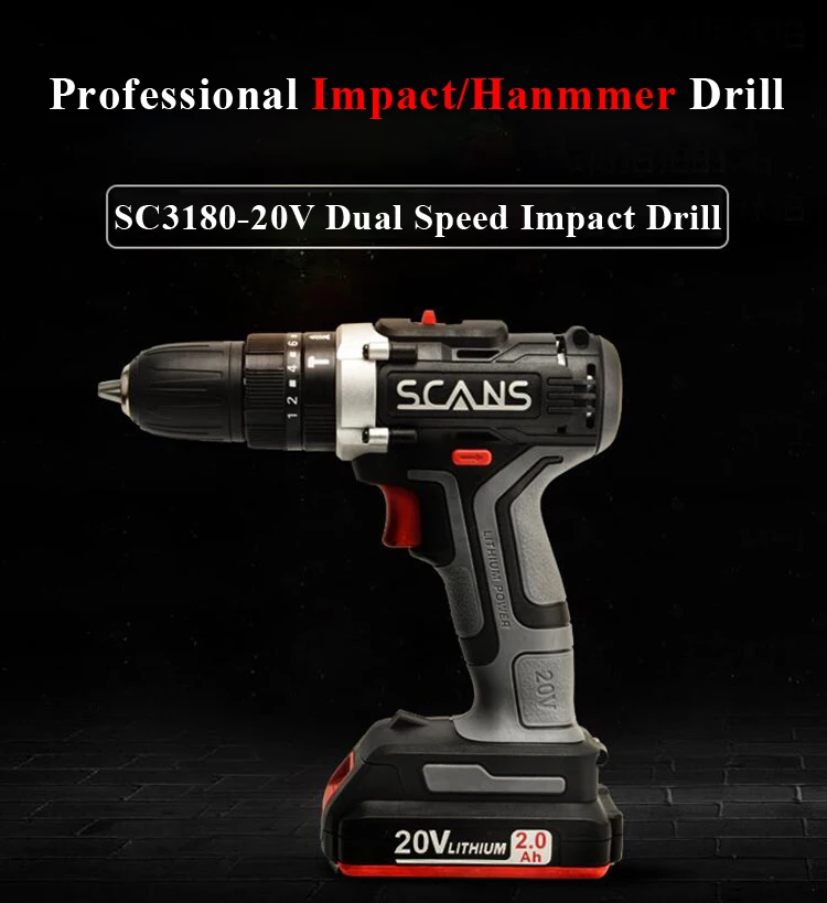 SCANS SC3180 professional tool 20V Cordless electric Impact Screwdriver impact drill hammer drill  Lithium Battery Dual Speed