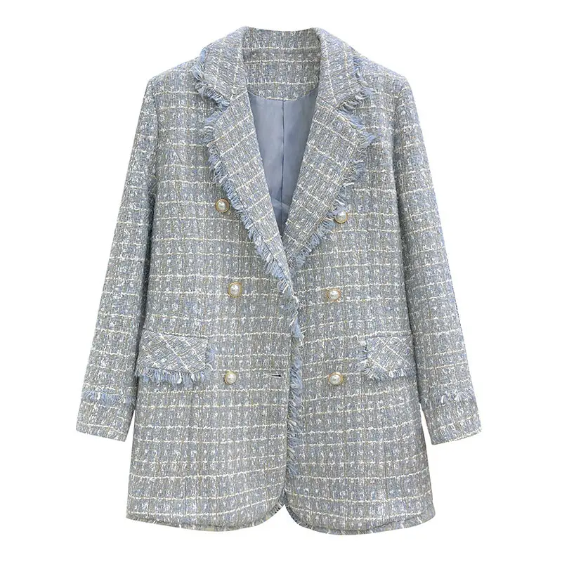 Chaqueta francesa de Tweed para mujer, Blazer azul a la moda, traje recto de doble botonadura, abrigo Vintage, prendas de vestir exteriores M2196