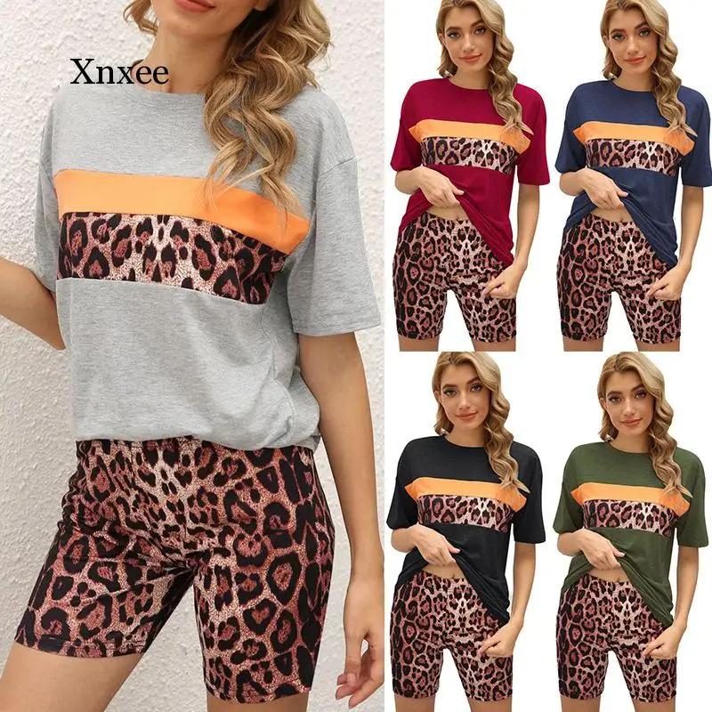 Summer New 2 Piece Set Women Tee Ladies Sport Set Leopard Print Short Sleeve Contrast Color Casual Two Piece Tights Shorts Suit