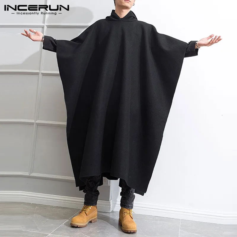 Men Loose Black Coats INCERUN Fashion Irregular Hooded Cloak Autumn Winter Man Long Sleeve Trench Retro Punk Outwear Jackets 5XL