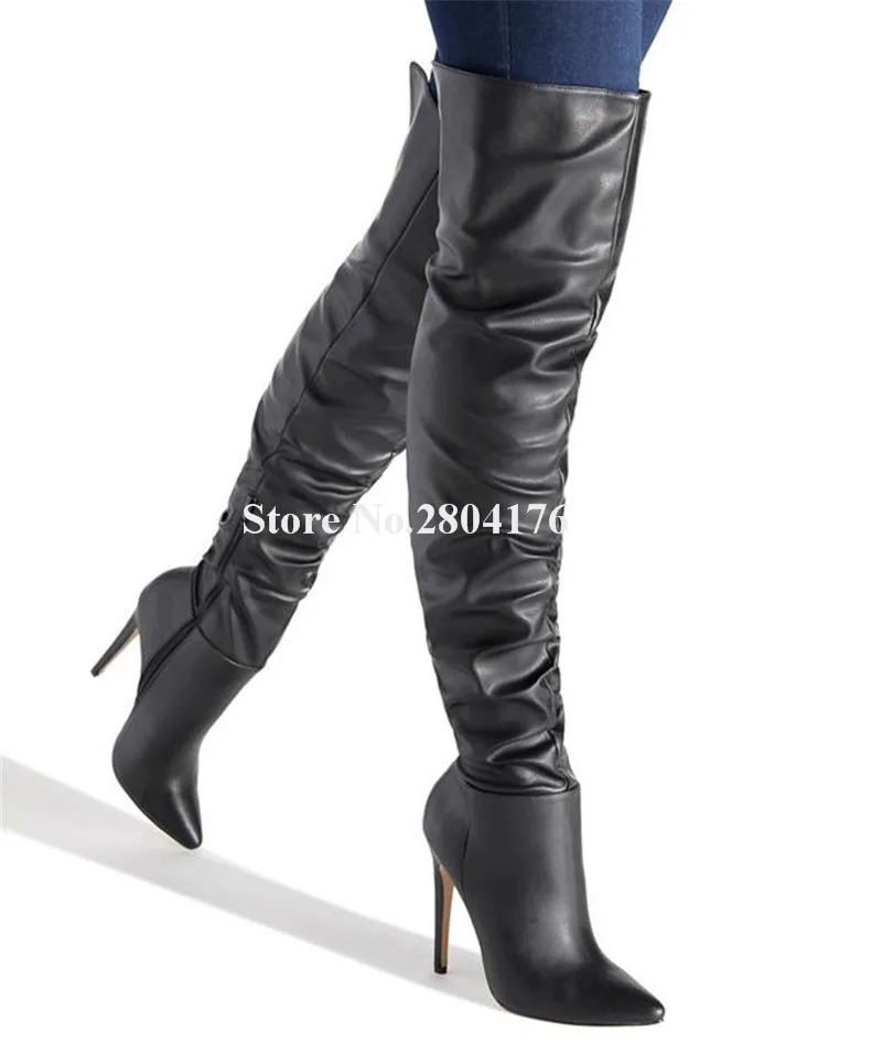 

Winter Women Elegant Pointed Toe Stiletto Heel Over Knee Boots Black Leather Thigh Long High Heel Boots Slim Boots Dress Shoes