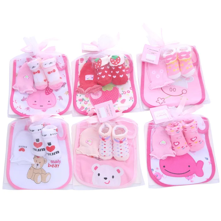 1 Bag Cotton Baby Socks+Glove+bib Short Baby Socks Cartoon Kids Toddlers Autumn Spring Newborn Kawaii Infant Gift Socks