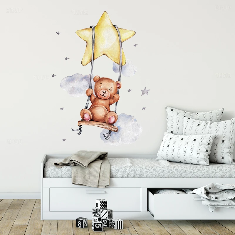 Swing Teddy Boy Bear on the Star Cloud Wall Stickers for Kids Room Baby Boy Room Decoration Wall Decals Room PVC DIY Sticker