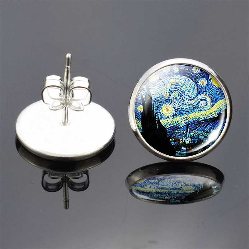 Trendy Van Gogh Statement Stud Earrings Art Oil Painting Picture Glass Cabochon Earrings for Women Jewelry Christmas Accessories