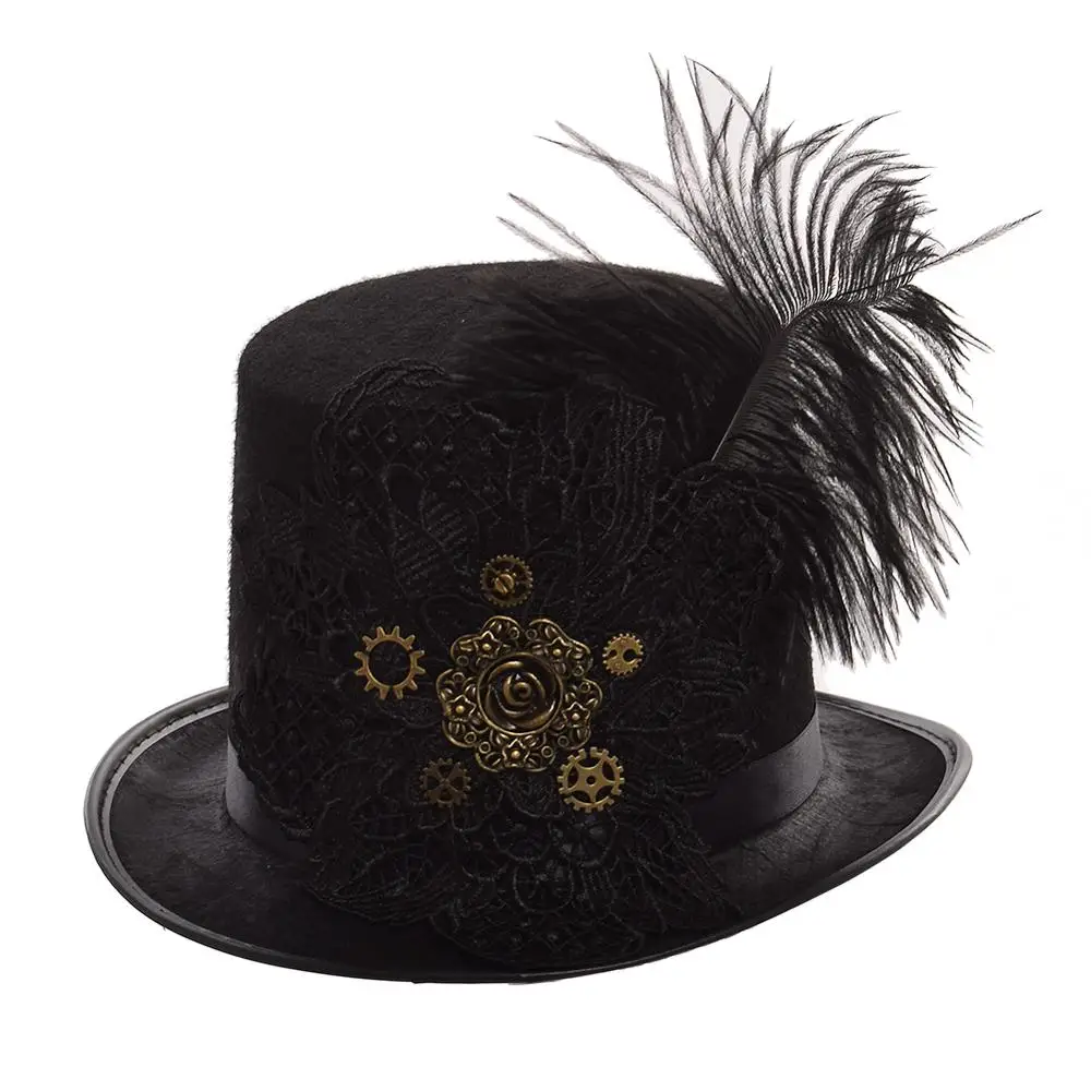 Goth Black Hat Men Vintage Fedora Gear Lace Top Steampunk Hat