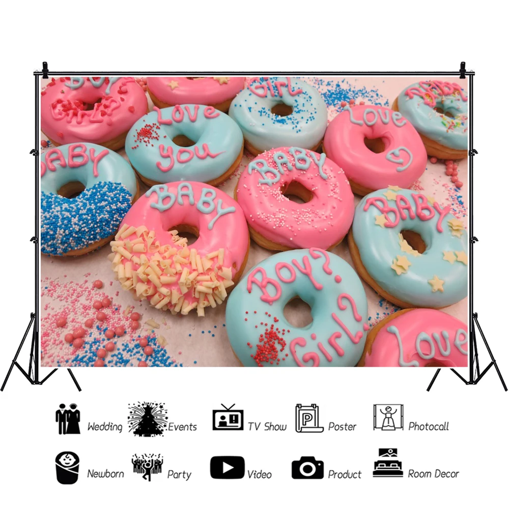 Laeacco пончик ребенок душ фон мальчик или девочка пол раскрыть дети новорожденный день рождения портрет фотография Фон Фотостудия