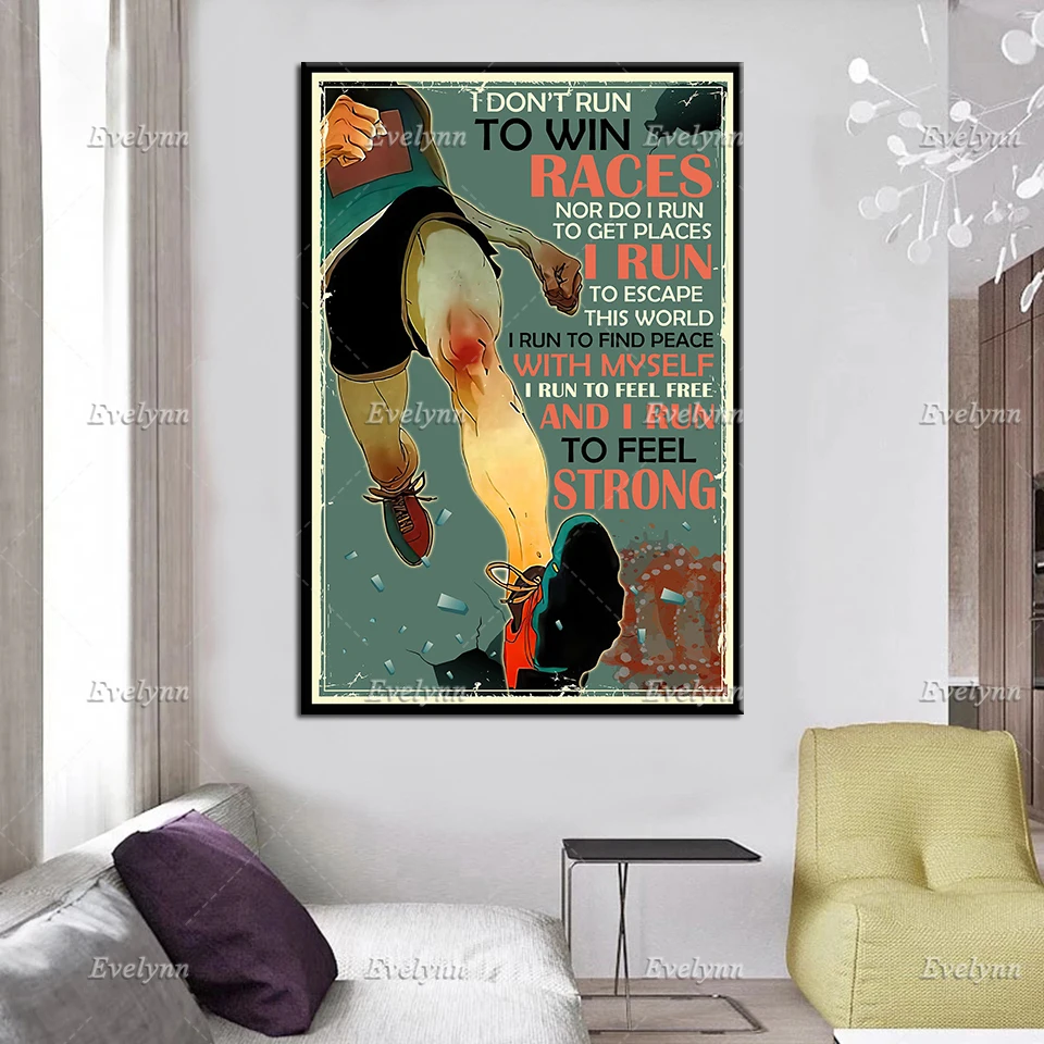 Vintage Running Poster, I Run To Feel Free and Strong, Running Motivational Quote, Home Decoration Prints,Running Wall Art Gift