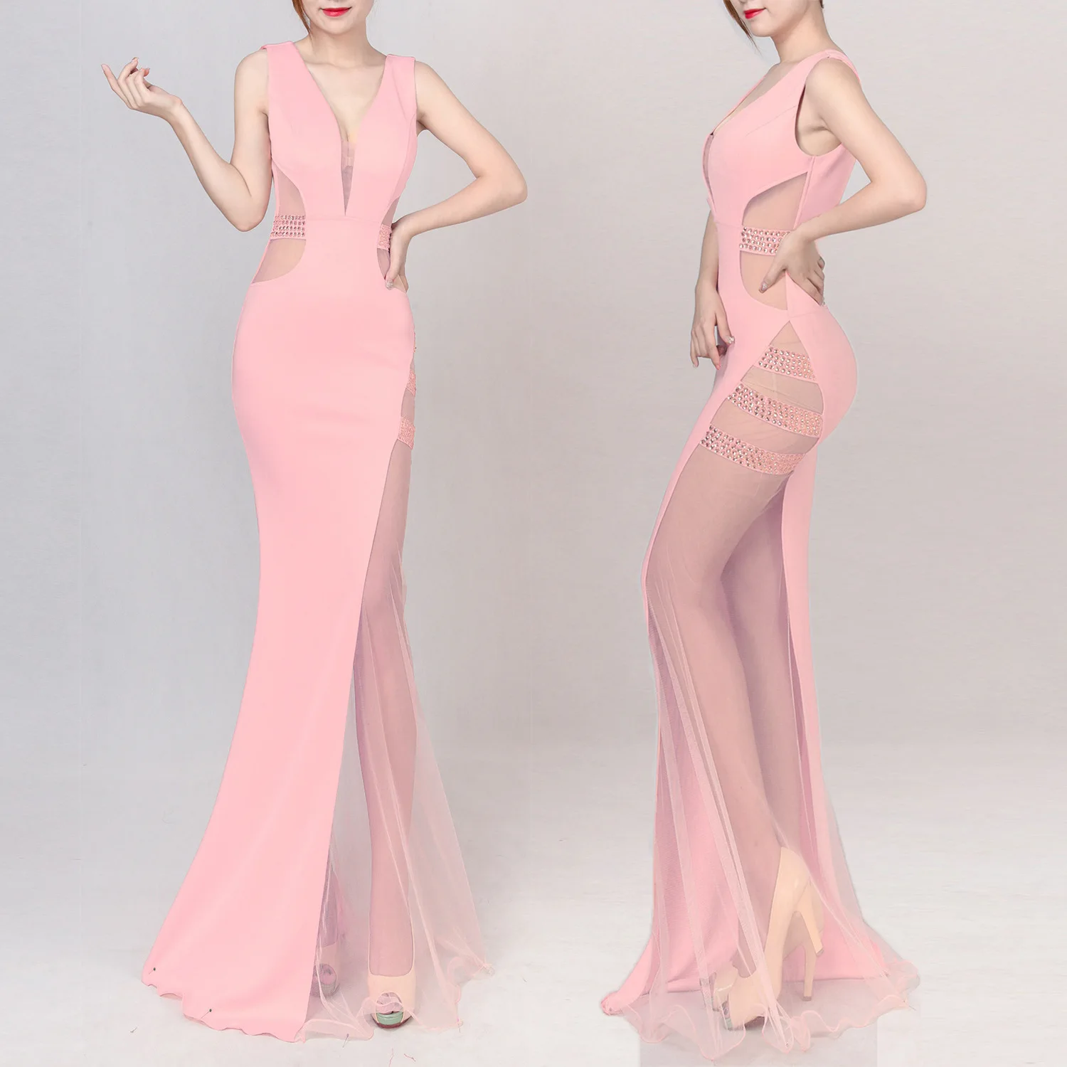 

Long Slim Mesh Hollow V-Neck Floor-Length 2021 Wedding Evening Dress Backless Illusion Cut-out Prom Party Woman's Dresses 002