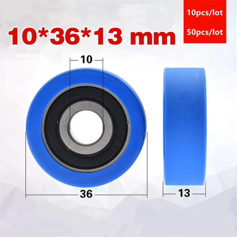 10pcs/50pcs 10*36*13mm silent guide wheel of conveyor belt polyurethane PU 6200 6200RS roller bearing friction pulley 10x36x13