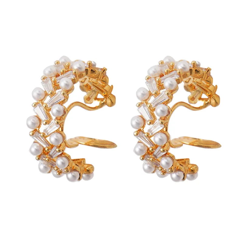 New Vintage Japan Korean exquisite Clip on Hoop Earrings for Women Sweet Zircon and Simulated Pearl No Pierced Ear Clips Jewelry