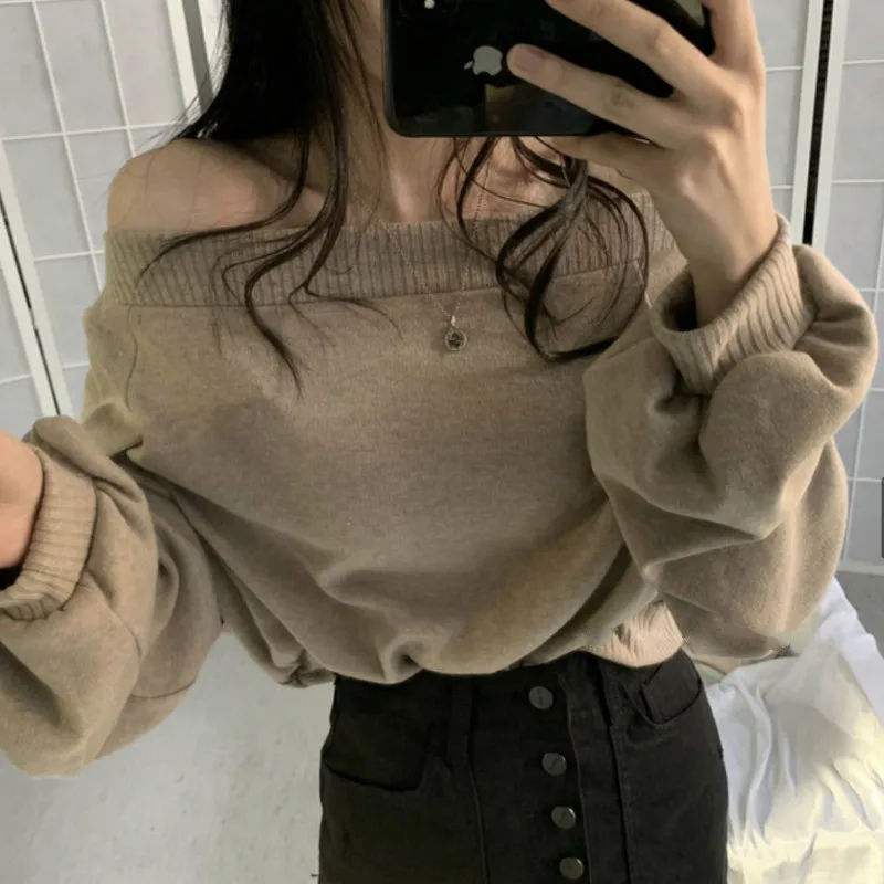 Women Sweaters New Slash Neck  Black Fashion Students Knitting Street Loose England Casual Long Sleeve Female Pullovers Sweaters