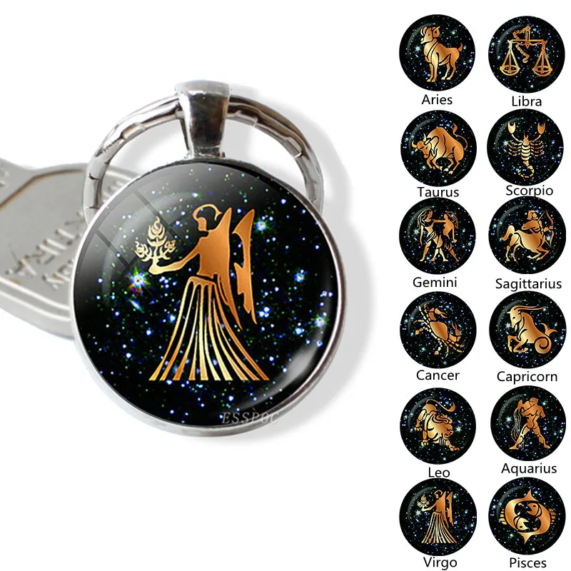 Zodia Constellations Sign Keychain Birthday Gift Glass Dome Manual Pendant Jewelry Virgo Cancer Aquarius Keyring Key Chain