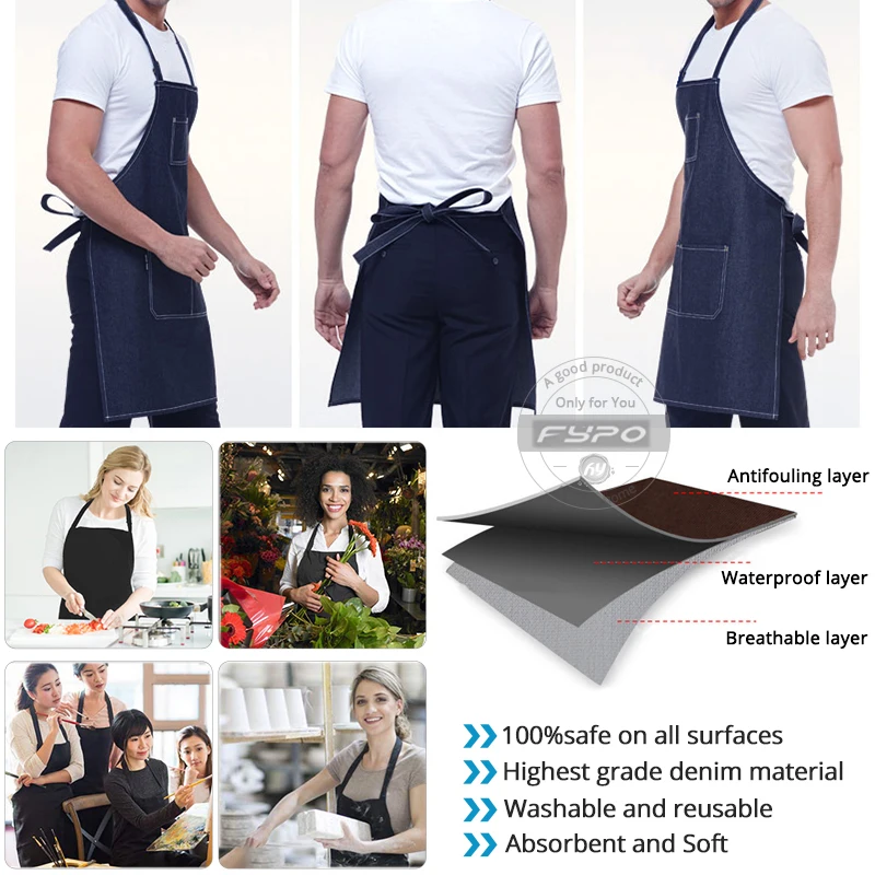 Unisex Simple Denim Apron Kitchen Accessory Sleeveless Apron Cooking Restaurant Barista Work Apron Durable Sanitary Baking Apron