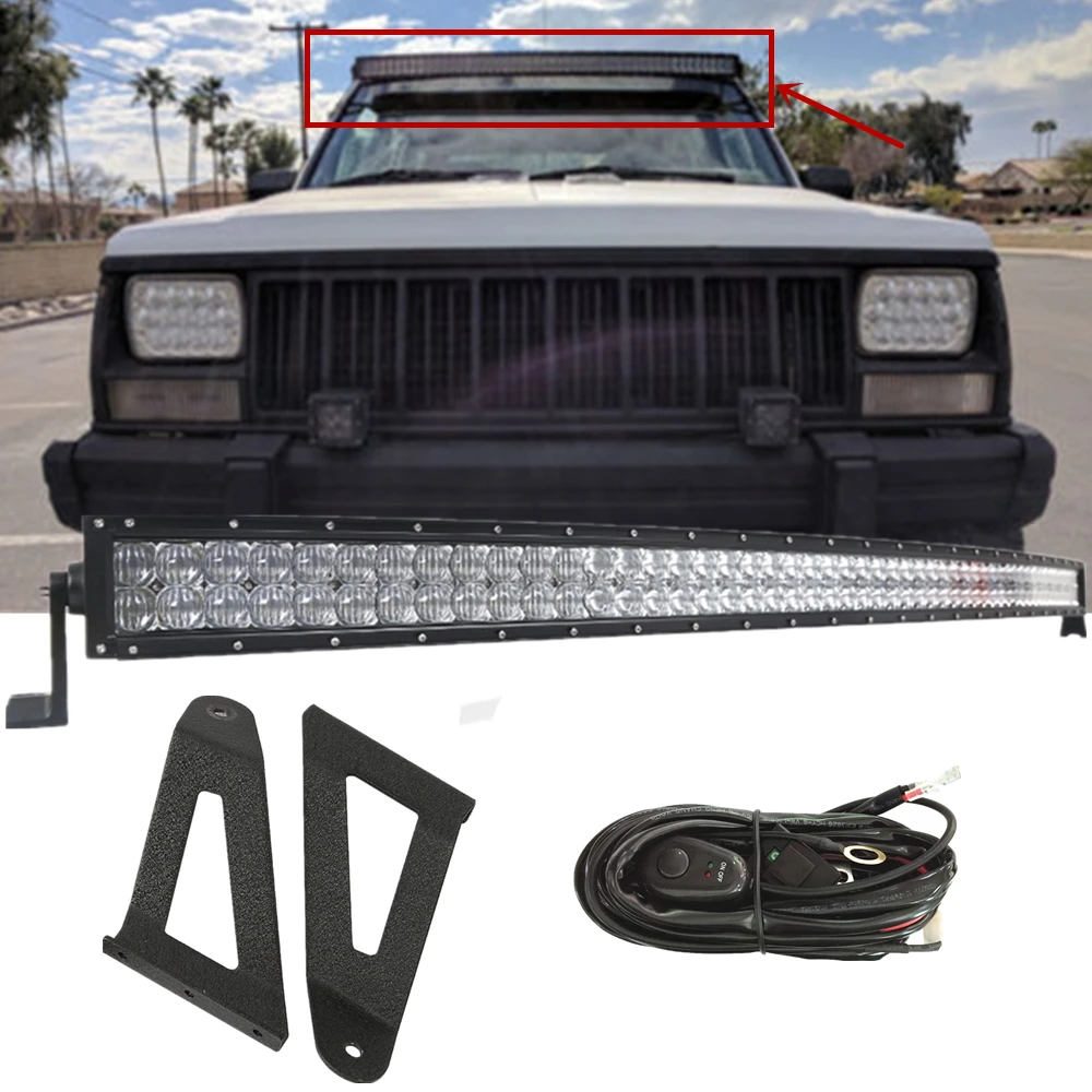 

For Jeep Cherokee XJ 1984-2001 50 Inch 5D 288W Curved LED Light Bar Upper Roof Mounting Brackets With Wiring Harness Kit