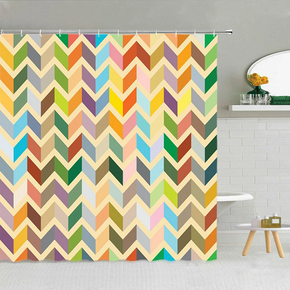 Geometric Pattern Colorful Shower Curtain Luxury Gold Waves Marble Texture Bathroom Decor Waterproof Fabric Cover Hooks Curtains