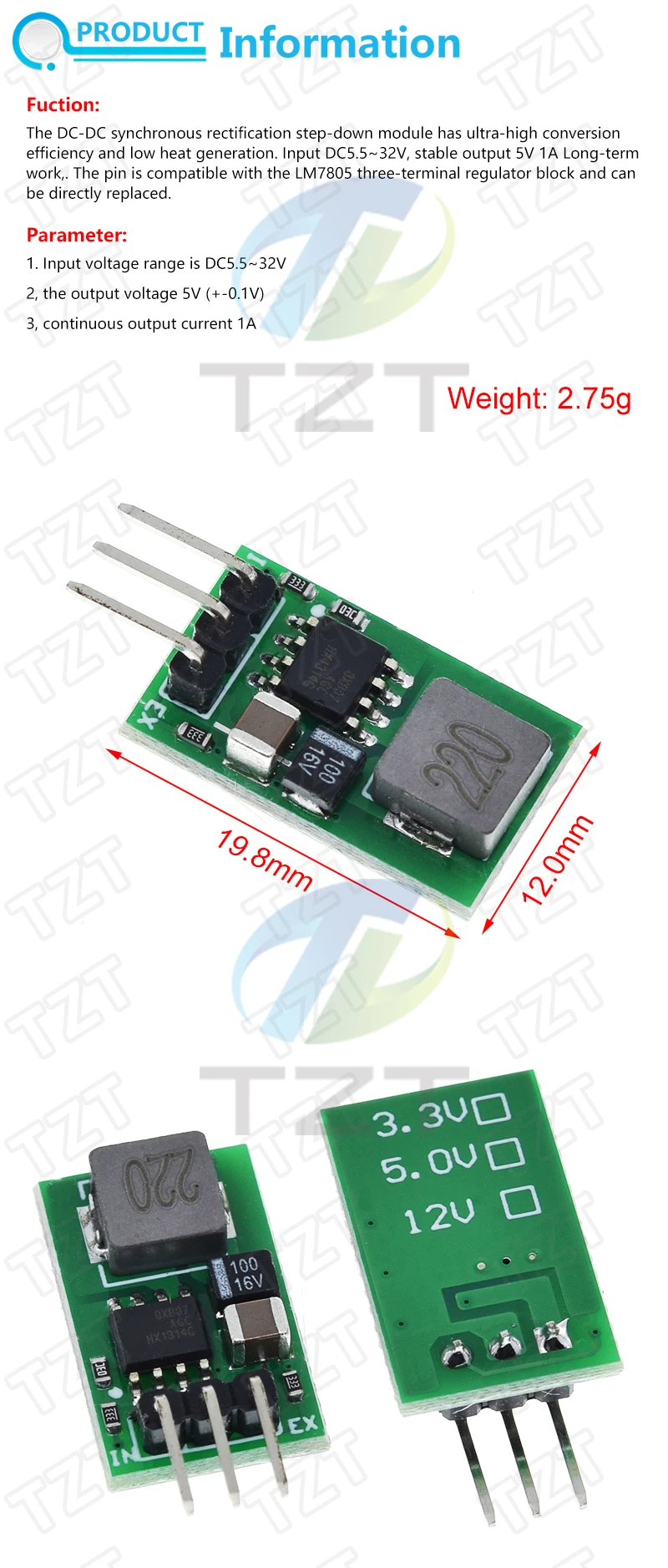 TZT DC 5,5-32V auf 5V/1A Spannungsreglermodul, Ersatz für LM7805 5V Positivspannungsregler, 5V 1A Abwärtswandlermodul – Detail 1