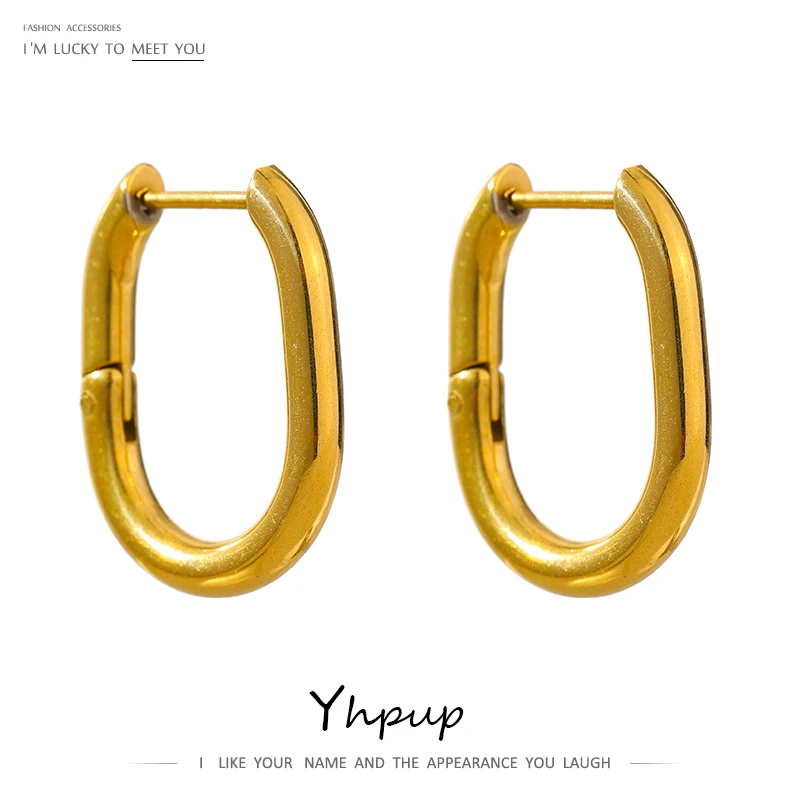 Yhpup 316L Stainless Steel Waterproof Earrings Minimalist Oval Metal Hoop 18 K Texture Occident Women Accessories серьги кольца