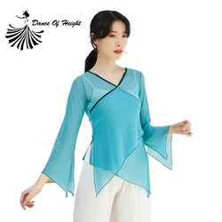 Classical Dance Shirt Sexy V Neck Body Rhyme Transparent Gauze Dress Women Chinese Folk Dancer Performance Costume Long Sleeve