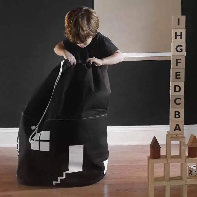 INS Toy Storage Organizer Bag Drawstring Bag Nordic Style House Shape Design Kids Storage Basket Cotton Canvas Home Decor Gift 4