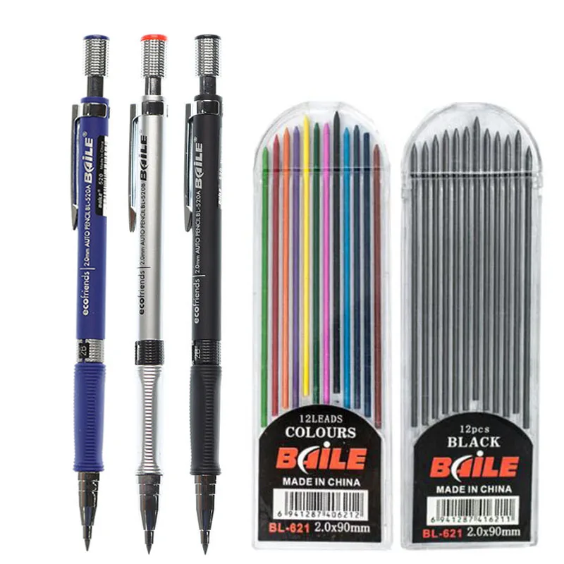 2.0mm Mechanical Pencil Set 2B Automatic Pencil with Color/black Lead Core Refill for Sketch Writing Handicraft Art Sketch