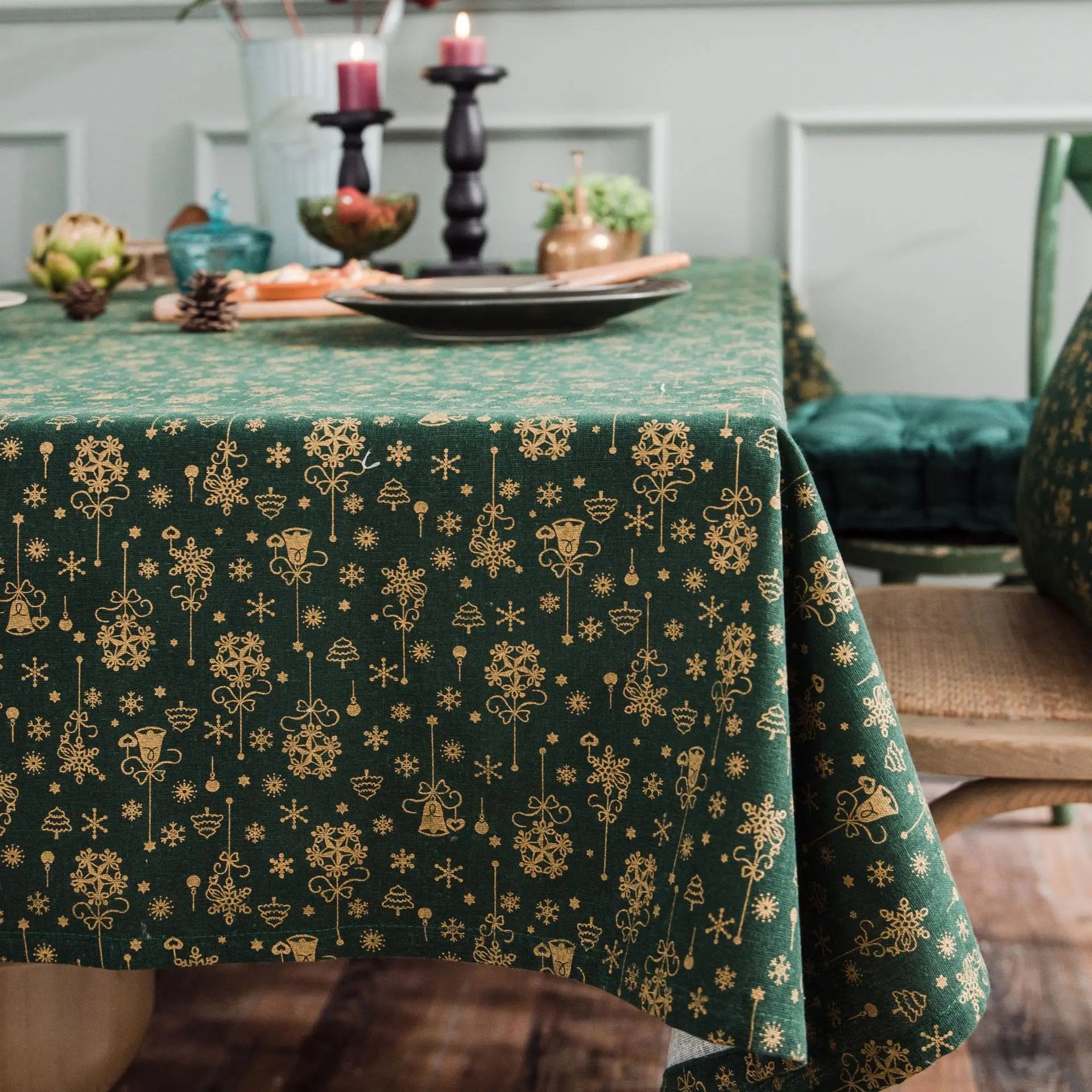 

Green Bronzing Tablecloth with Christmas Pattern, Cloth, Pillowcase, Wedding Decoration, Banquet Table Cover, New Year