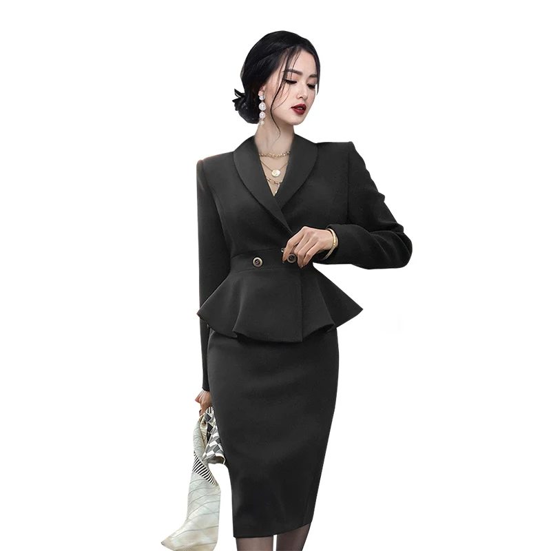 Women\'s V-Neck Long-Sleeved Suit Jacket and High Waist Pencil Skirt, Korean Fashion, Spring and Fall, New, 2-Piece Set