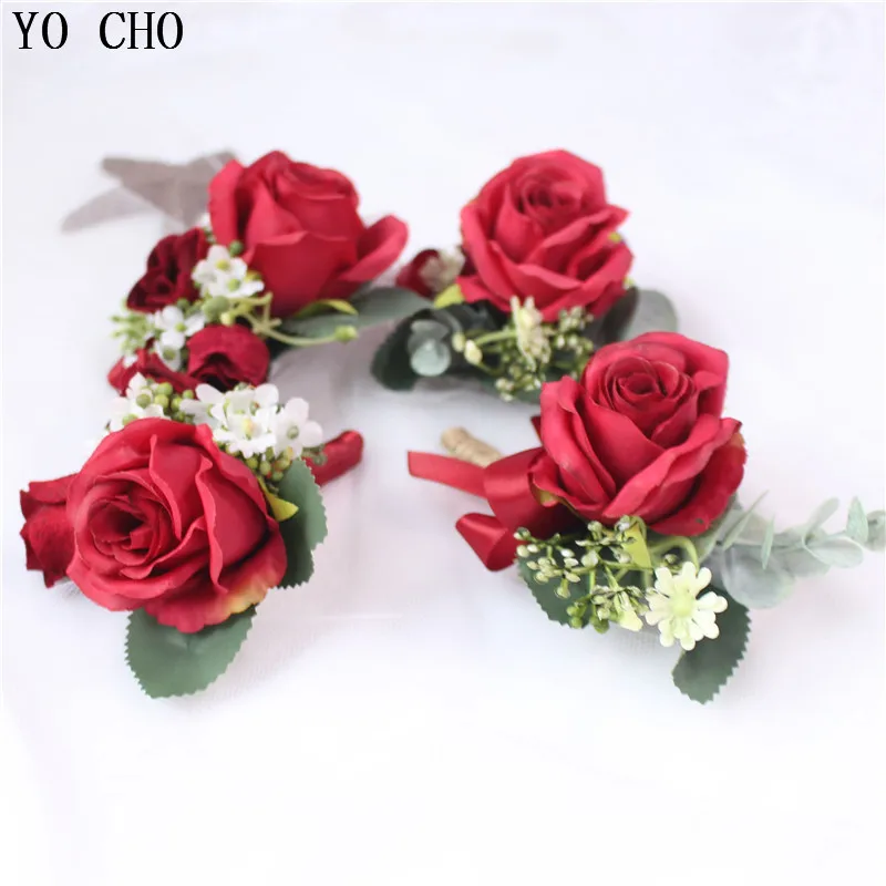 Yo Cho Heldere Rode Kunstzijde Pols Bloem Bruidsmeisje Broche Jurk Accessoires Man Boutonniere Voor Wedding Prom Party