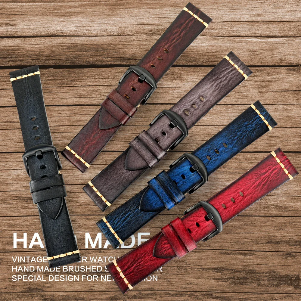 MAIKES Handmade Leather Watch Strap Men\'s Vintage Genuine Leather Watch Band 20mm 22mm 24mm For Panerai Fossil Casio SEIKO