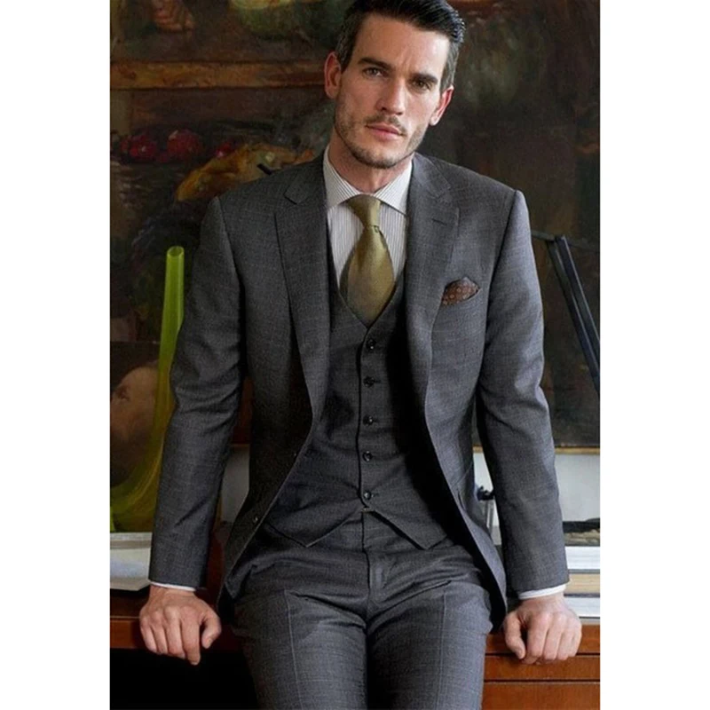 

High Quality Dark Grey Men's Suit Formal 3-Piece Business Suit Sets Shawl Lapel Two Button Blazer Pants (jacket+pants+vest)